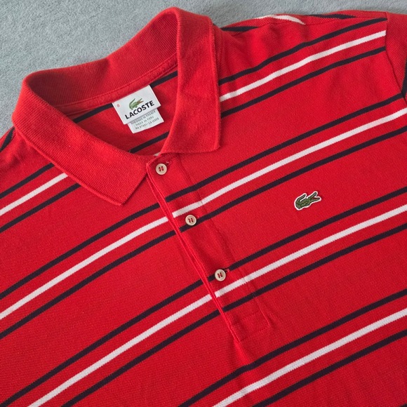 Lacoste Other - Lacoste Mens Orange Striped Short Sleeve Cotton Pique Polo Shirt Size 8